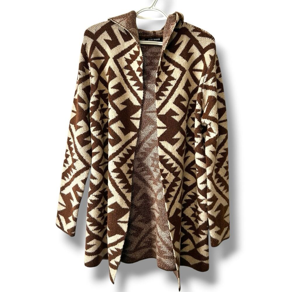 Steve Madden Women Cardigan Sweater NWT Hooded Aztec Geometric Brown Cream SZ M
